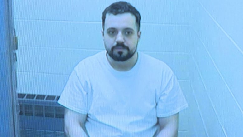 A man in a white t-shirt with a beard and brown hair. He's appearing on a screen in a courtroom.