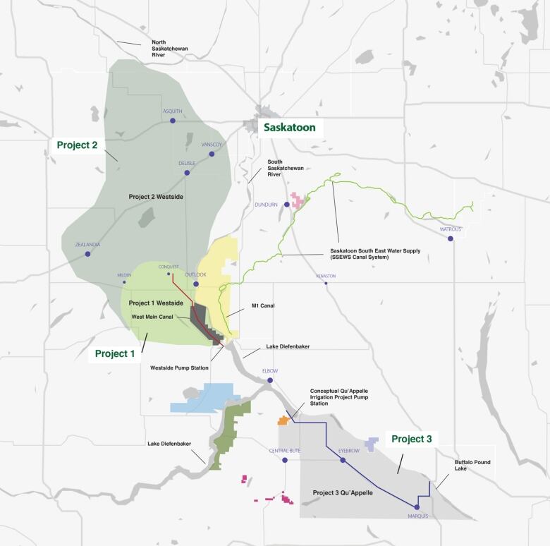 A map with shaded areas indicates areas where irrigation projects are planned.