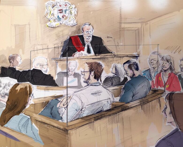 In this courtroom sketch, (left to right) Ravin Pillay (Dellen Millard's lawyer), Thomas Dungey (Mark Smich's lawyer), Dellen Millard, Mark Smich, Justice Michael Code, and Laura Babcock's parents Clayton and Linda attend the sentencing hearing for Millard and Smich in Toronto on Monday, Feb.26, 2018. 