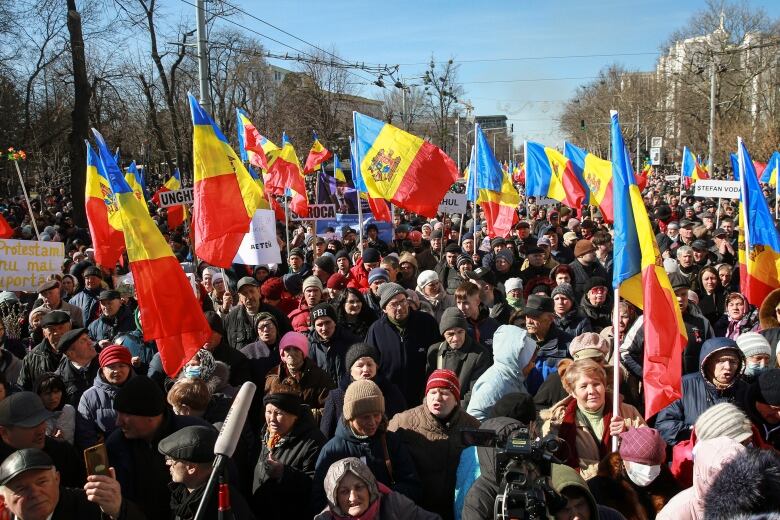 A mass of people, some waving Moldovan flags, are seen during a protest.