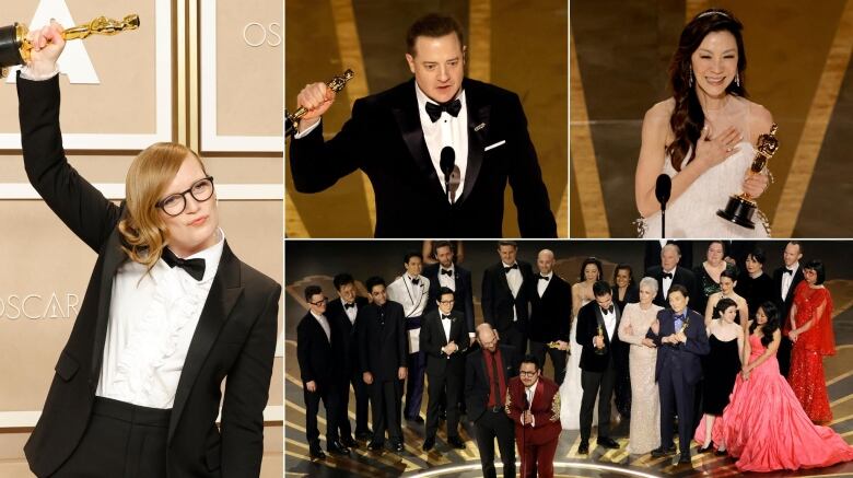 A composite image of Sarah Polley winning the Oscar for adapted screenplay, Brendan Fraser winning for best actor, Michelle Yeoh winning for best actress and the cast and crew of Everything Everywhere All at Once winning for best picture.