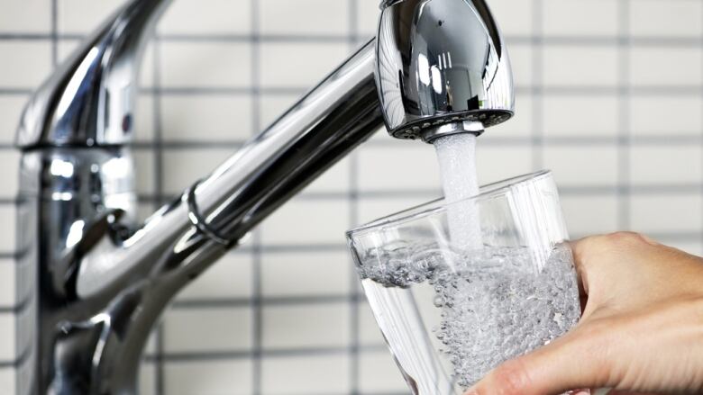 Filling glass of water from stainless steel kitchen faucet.