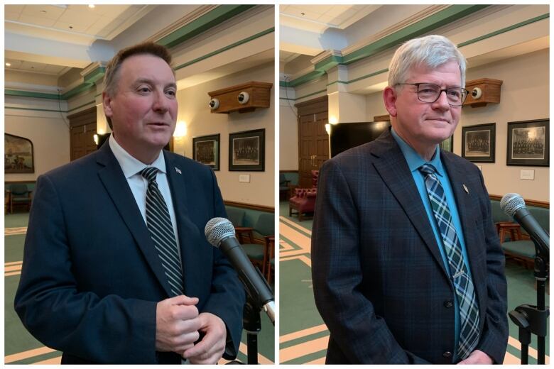 Two photos, side by side, both featuring people standing at microphones wearing suits.