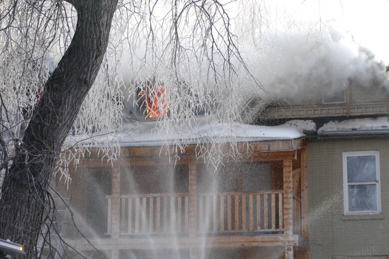  tree in front of home with frozen branches and spray from firefighter's hose.