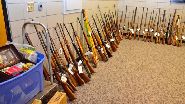 A selection of long guns leaned against a wall.