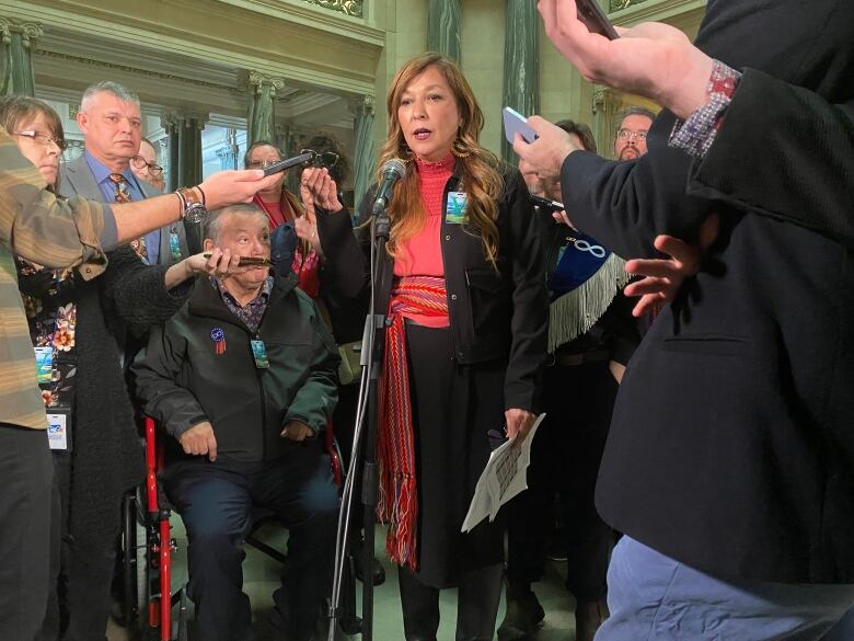 Mtis NationSaskatchewan (MNS) Vice President Michelle LeClair speaks to reporters after the Saskatchewan First Act passed.