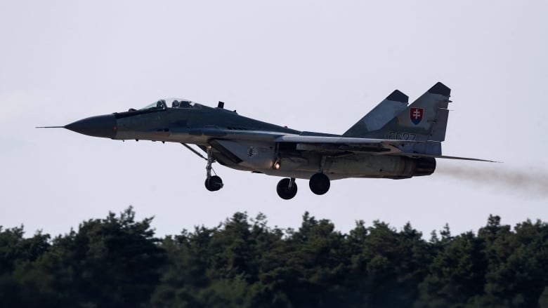 A Slovak MiG-29 fighter jet flies with its landing gear down.