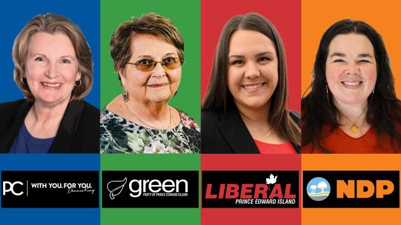 Four pictures showing the candidates in District 4: PC Darlene Compton, Green Laverne MacInnis, Liberal Katherine Bryson and NDP Michelle Hodgson.