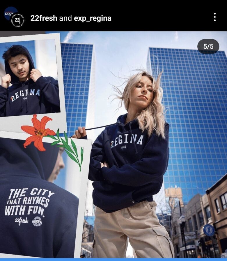 A since deleted post from 22Fresh advertising merchandise as part of the Experience Regina rebrand. The sweaters featured the slogan 