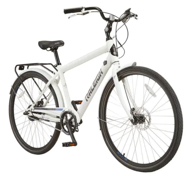 A white e-bike with black handles.