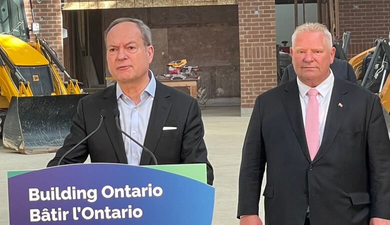 Photo of Finance Minister Peter Bethlenfalvy, left, stands behind a podium that reads 'Building Ontario,