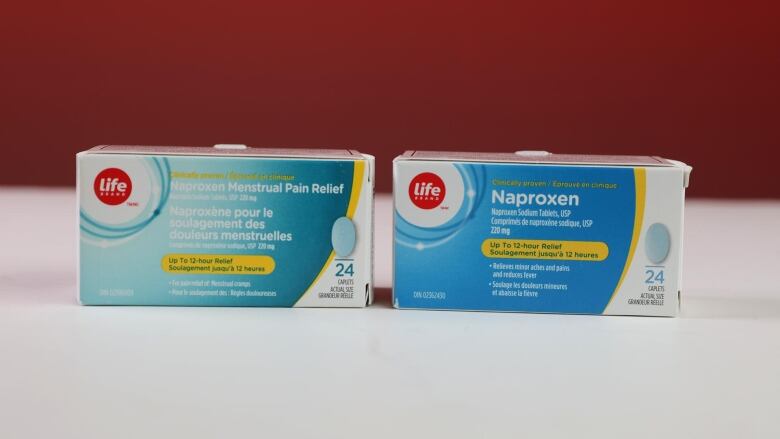 A box of naproxen sodium that advertises its for menstrual cramp relief beside a box of naproxen sodium, both from life brand. 