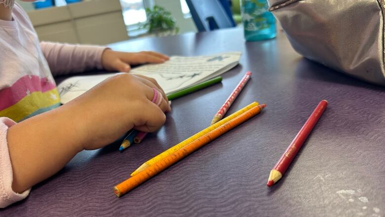 A student works with coloured pencils at a school desk.