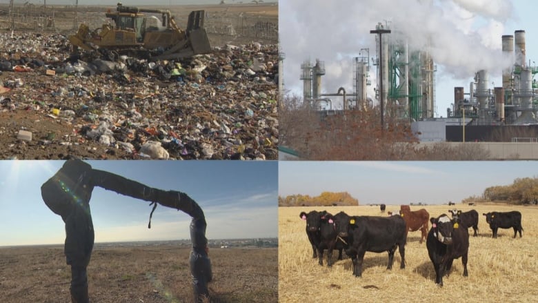 Four pictures showing a landfill, an oil refinery, a methane well and cows in a field. Methane is emitted from all of these industries.