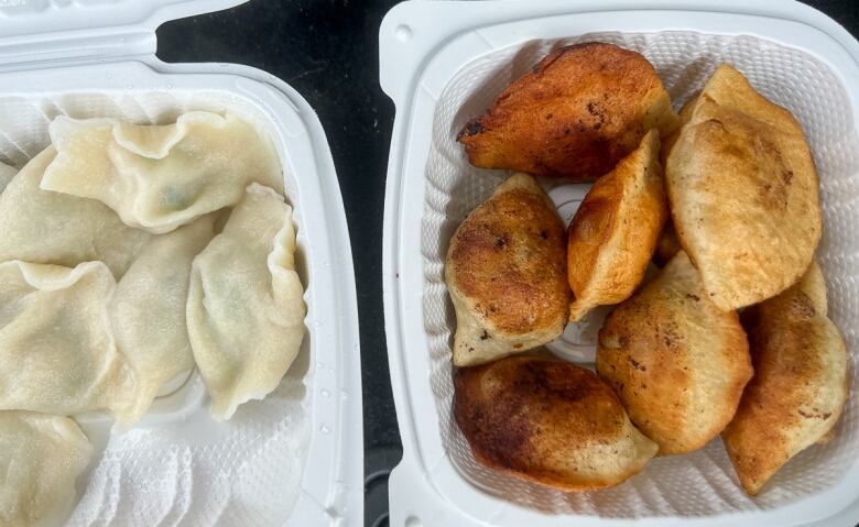 Steamed dumplings with cucumber, shrimp and pork (Left). Fried dumplings with chicken and pea sprout (right) at Bei Wei Ju dumplings.