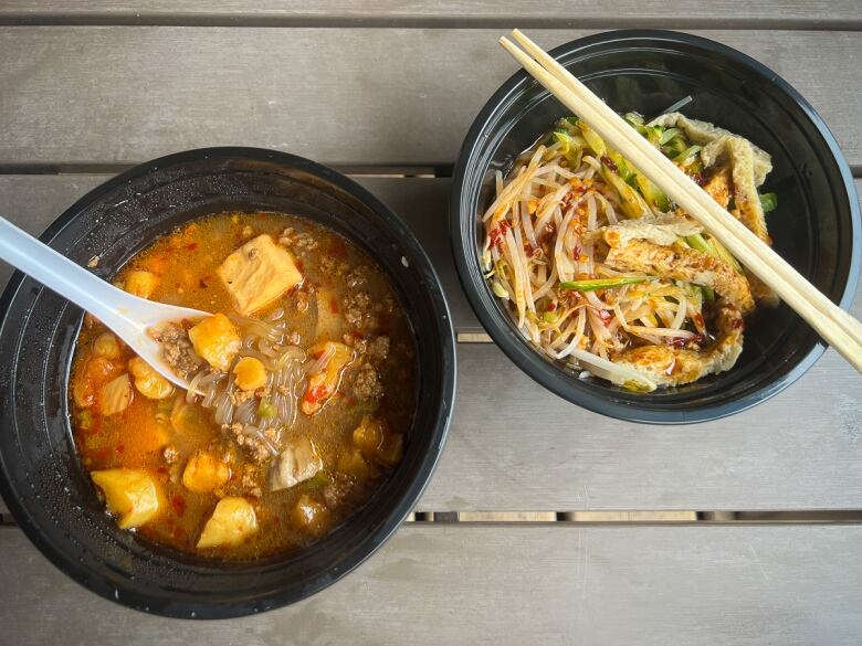 Chongqing style sour noodle soup (left) and Shanghai style cold noodles (right) at QQ Noodle King.