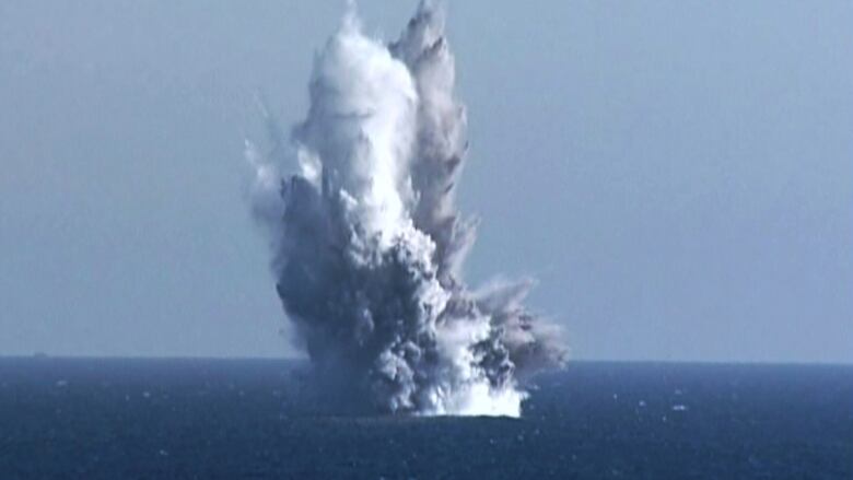 Water sprays into the air from what North Korea claims is an underwater blast of test warhead on an underwater nuclear-capable attack drone.