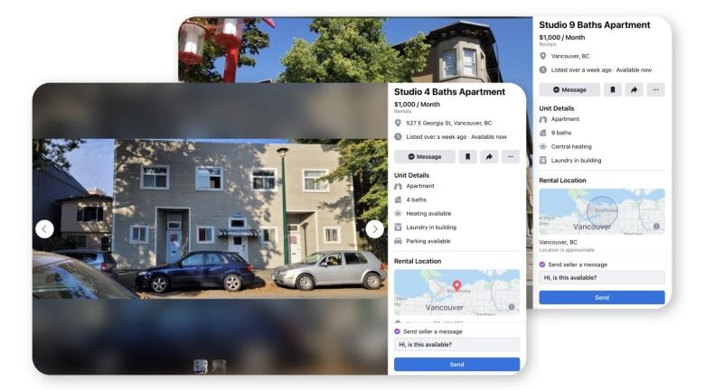 Two listings from Facebook Marketplace show units inside different SRO buildings are available for rent for $1,000 or more a month.