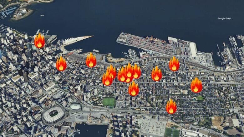 Thirteen flame icons on a overhead view of the city of Vancouver.