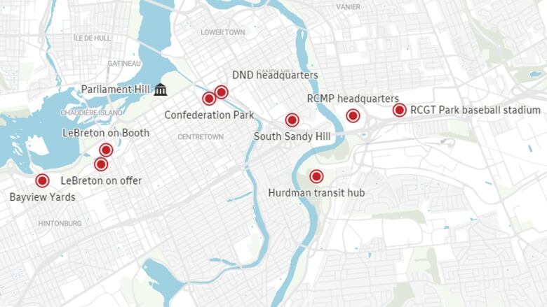 A map the displaying the approximate locations of possible new NHL arena locations in Ottawa.