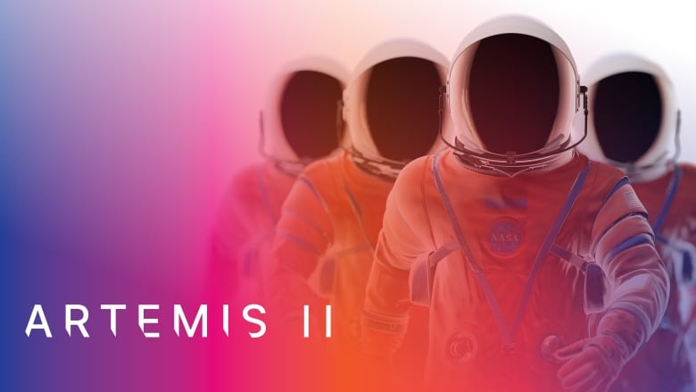 Four astronauts in orange jumpsuits and closed helmets 