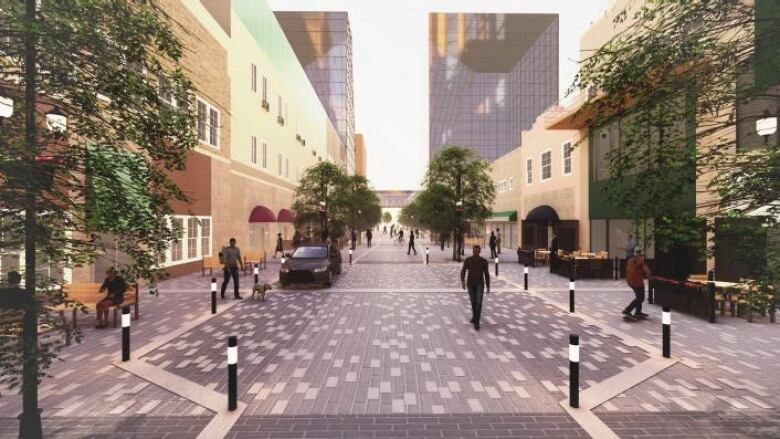 A streetscape made of brick featuring street lights, trees and vehicles is shown in this artists rendering of Scarth Street. 