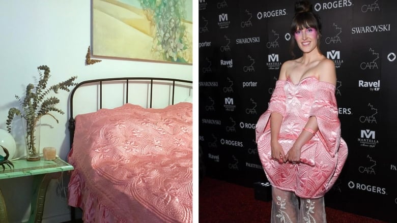 Two photographs, the one on the left shows a pink polyesther bed spread, the one on the right shows a woman wearing a dress with that same pattern. 