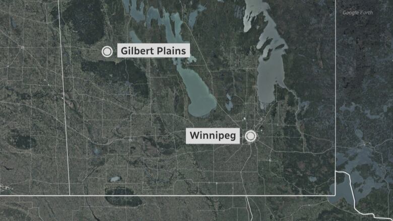 A Google Earth map shows Gilbert Plains and Winnipeg on a map.