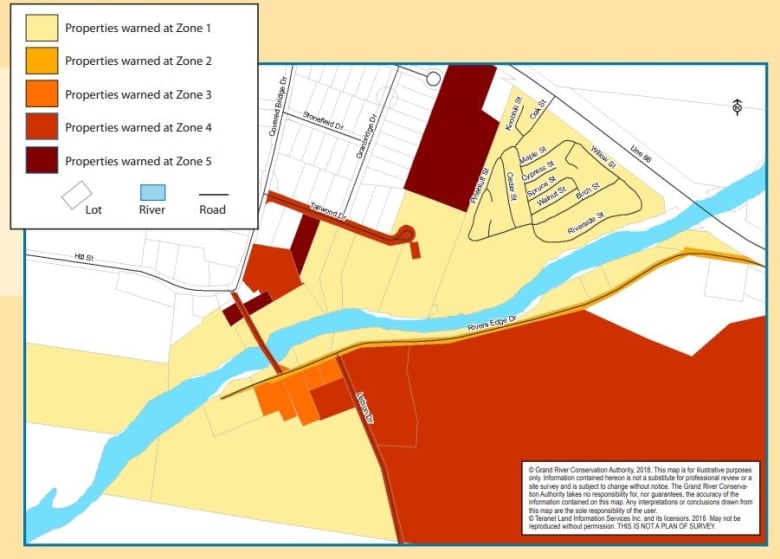 A topographical flooding map with red, yellow and orange colours for different elevations.