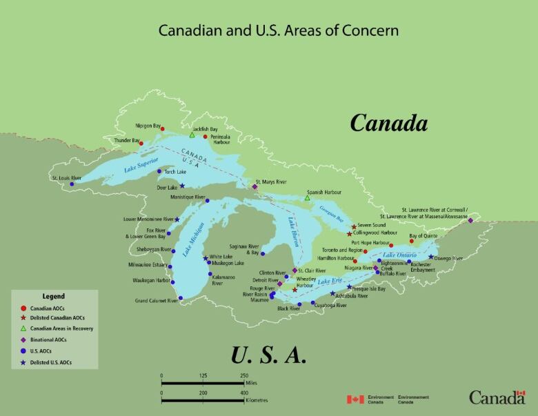 Map of Canadian and U.S. areas of concern.