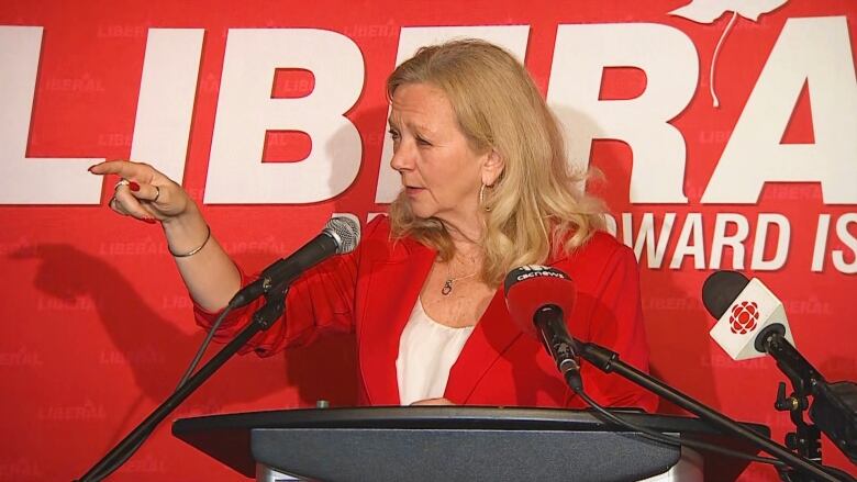 Liberal Leader Sharon Cameron speaks to supporters after the election Monday night.