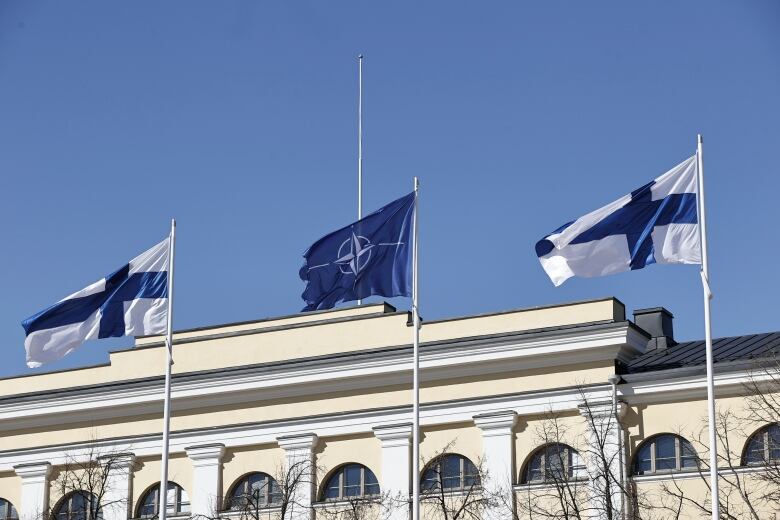 Three flags are shown on poles in front of a building and a clear sky.