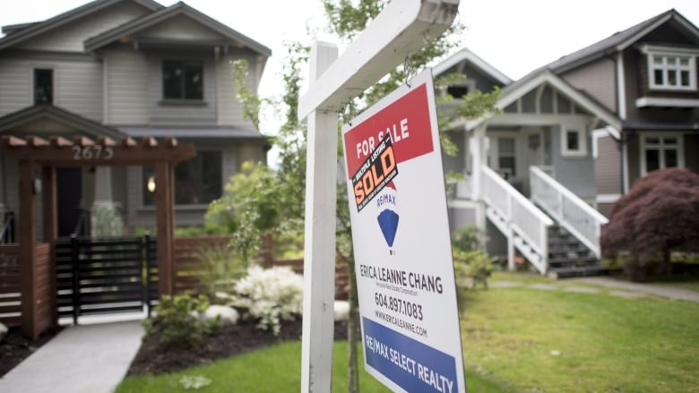 A for sale sign sits on the lawn in front of a single-family home.