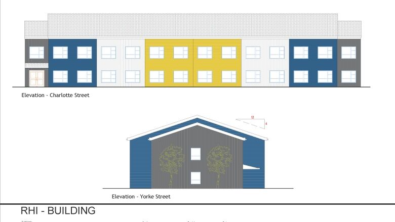 An artist's drawing with a front view and a side view of a proposed 24-unit, two-storey housing facility.