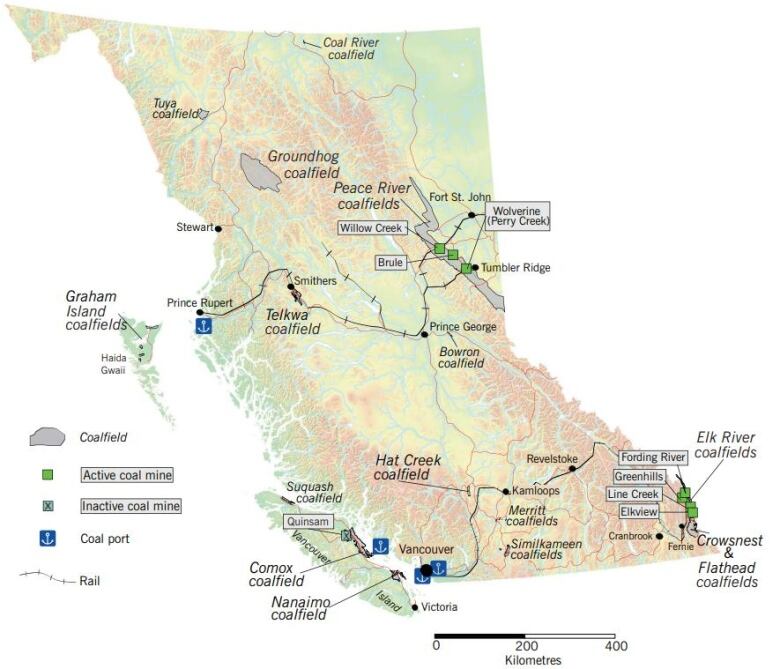 A screen grab from a provincial report showing where coal is mined in B.C. and how it is transported abroad.