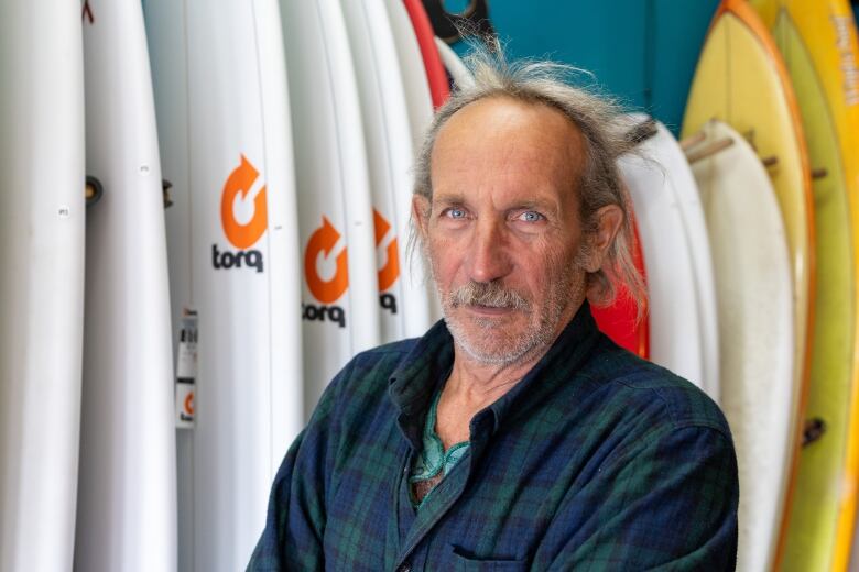 A man stands in front of a rack of surfboards