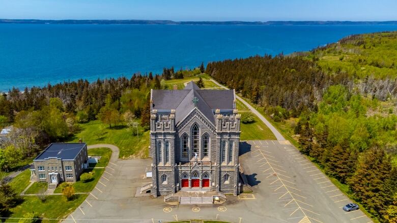 an aerial view of a church.