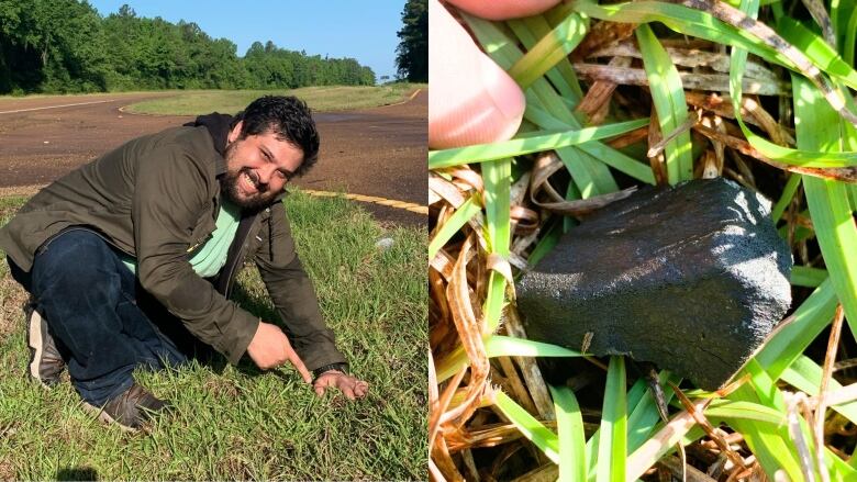 On the left, a man points to a spot on the grass. On the left, a black rock is sitting among blades of grass.