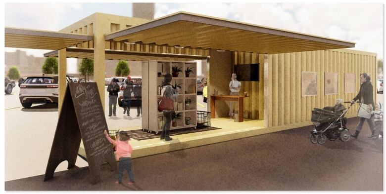 An artists rendering of a modified shipping container in The Yards.