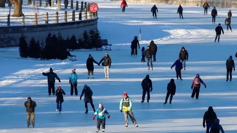 Crowds of people skate on a canal.