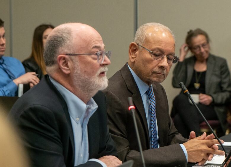 Two men sit in front of microphones and speak during a conference.