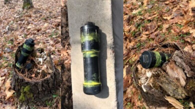 A tableau of three photos taken in the woods of a black pipe with yellow markings on it.