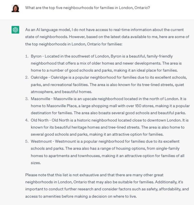 A picture of an openAI list of top neighbourhoods in London, Ontario for families. The list includes Byron, Oakridge, Masonville, Old North and Westmount. 