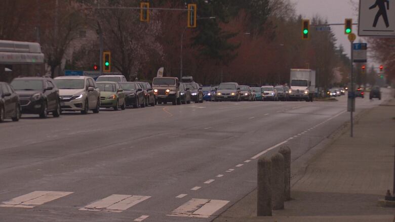 A long line of cars wait for a train.