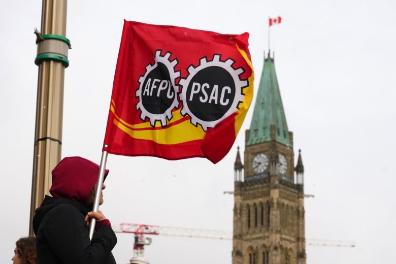 Someone holds a red and yellow union flag near a legislature's tower.