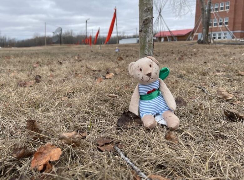 A teddy bear is seen nestled next to a piece of wood at the former Blue Quills Residential School. 