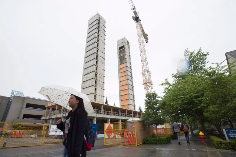 A woman with an umbrella walks past a construction site for two tower structures with a crane on an overcast day in Vancouver, B.C. 