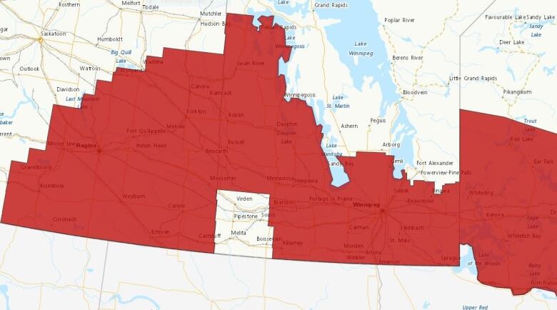 Weather map of southern Manitoba.