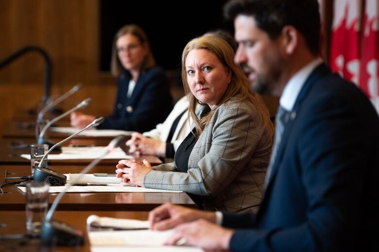 Four government ministers give a news conference.