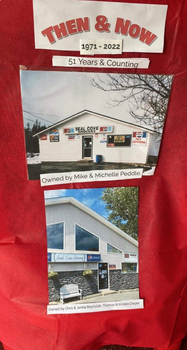 Old pictures of a store are pinned to a red backing.